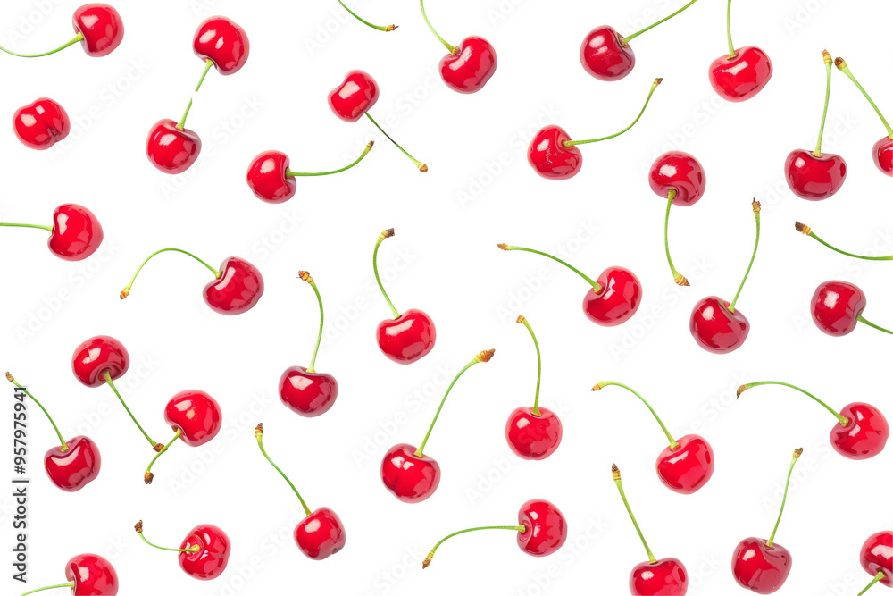 Red Cherry fresh berry pattern from flat view isolated on white or transparent background Red Cherry fresh berry pattern from flat view isolated on white or transparent background