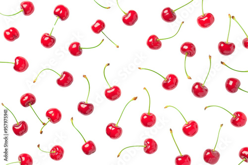 Red Cherry fresh berry pattern from flat view isolated on white or transparent background