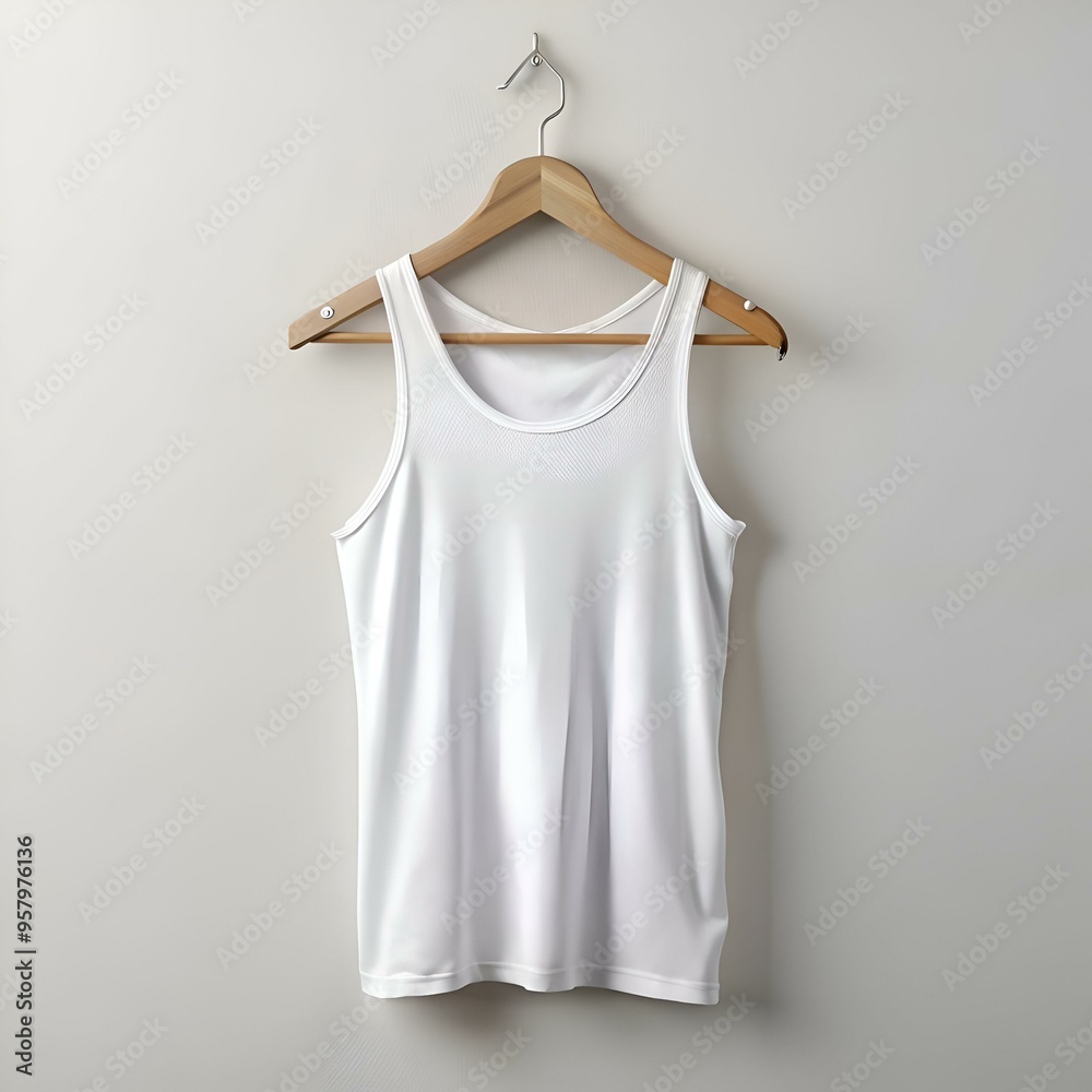 A clean. white tank top hanging on a wooden hanger against a white background. A clean. white tank top hanging on a wooden hanger against a white background.