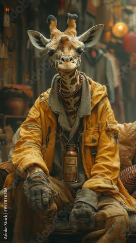 A giraffe, dressed in a yellow jacket, is seated on a couch indoors