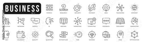 Business related original icons. Network, teamwork, payment, computing, seo, ai etc. Editable stroke. Set 2