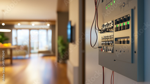 A close-up view of an open electrical circuit breaker panel in a modern home.  photo