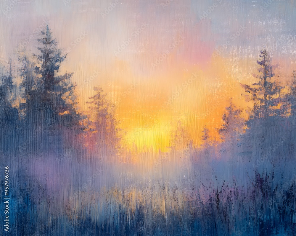 Naklejka premium Watercolor painting of a forest surrounded by mist.