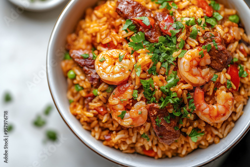 Jambalaya with shrimp, sausage, and vegetables, top view