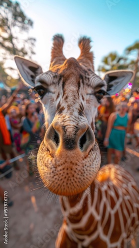 A giraffe stands before a crowd of people in a zoo, captivating their attention
