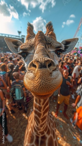 A giraffe stands in front of a crowd of people