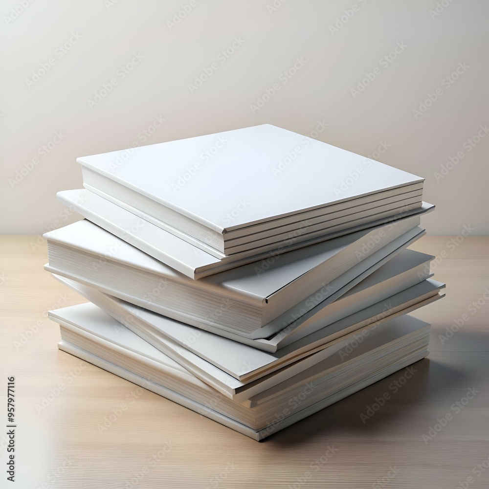 A stack of pristine white blank books on a wooden surface. ready for your custom design. A stack of pristine white blank books on a wooden surface. ready for your custom design.