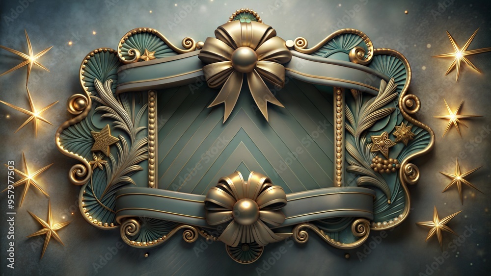 Fototapeta premium Elegant Christmas frame with golden bows and stars, festive holiday design with copy space