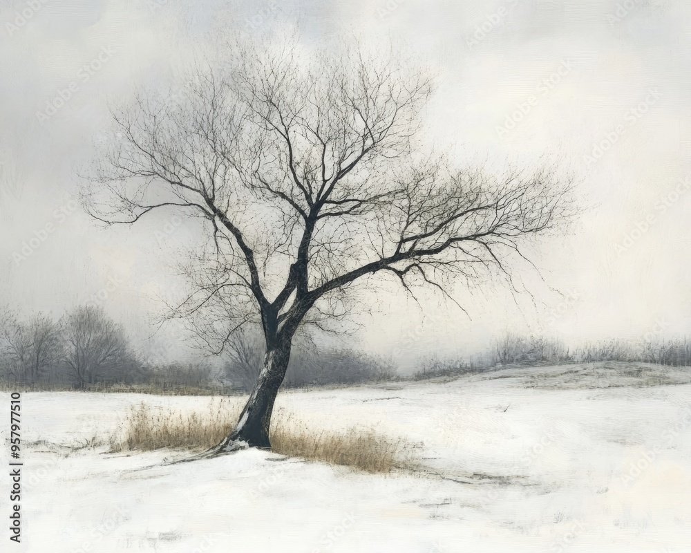 Winter scene featuring a tree devoid of leaves depicted in oil painting style Winter scene featuring a tree devoid of leaves depicted in oil painting style