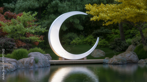 A glowing crescent moon installation stands above a serene pond. Surrounded by lush greenery and rocks, it creates a peaceful ambiance. photo