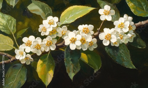 Close up oil painting of vibrant Aronia melanocarpa flowers featuring delicate white and yellow blooms alongside lush green leaves on the branch Spring blossoms captured in detail photo