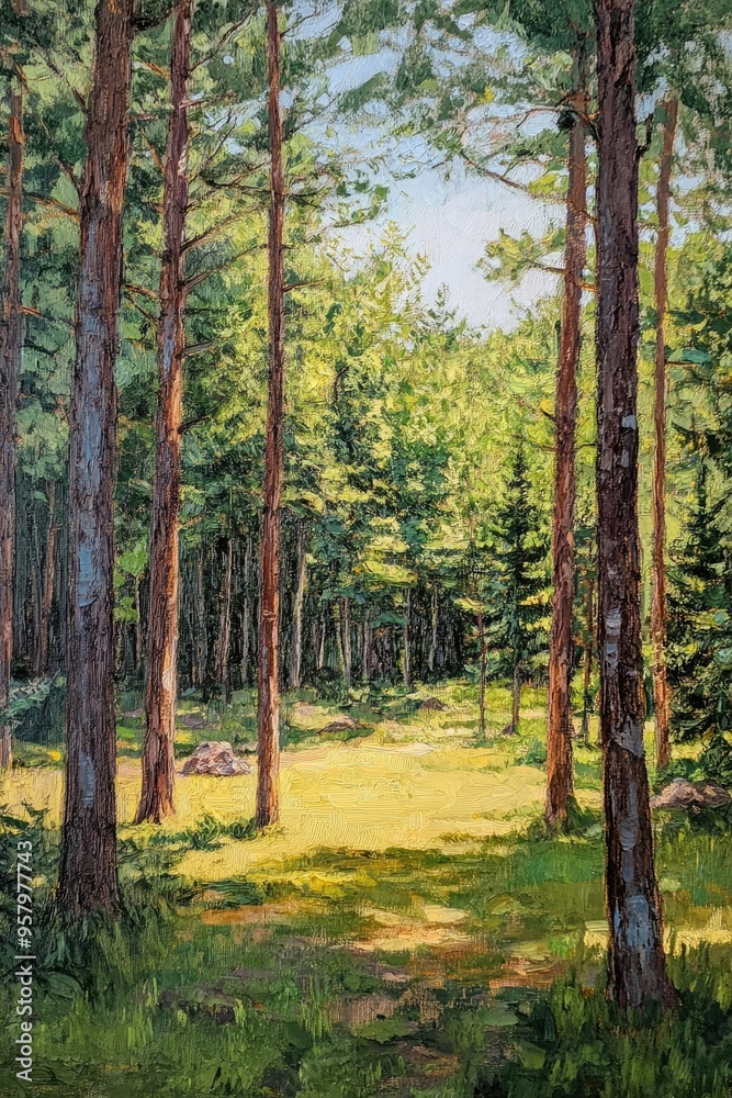 Oil painting depicting a forest blend on a bright summer day Oil painting depicting a forest blend on a bright summer day