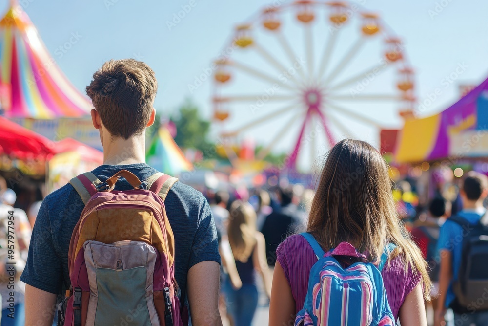 Fototapeta premium A bustling scene of a crowded festival with people walking down a lively path