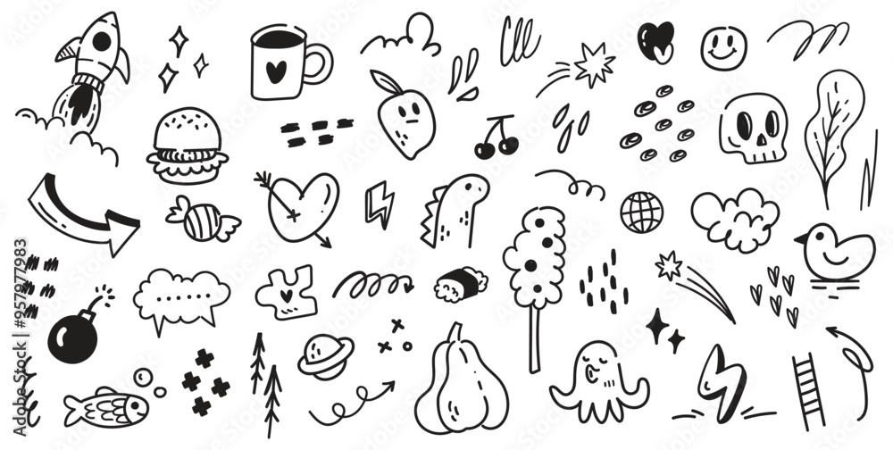 Creative Hand-Drawn Doodle Set | Playful Vector Scribbles, Symbols, and Sketches | Abstract Black and White Illustration for Design Projects Creative Hand-Drawn Doodle Set | Playful Vector Scribbles, Symbols, and Sketches | Abstract Black and White Illustration for Design Projects
