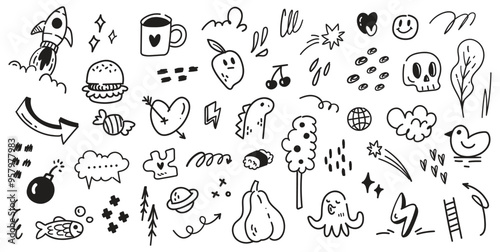 Creative Hand-Drawn Doodle Set | Playful Vector Scribbles, Symbols, and Sketches | Abstract Black and White Illustration for Design Projects