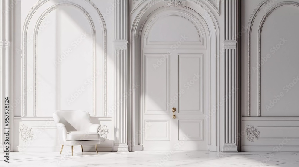White hall background in modern classic style with luxurious arched door White hall background in modern classic style with luxurious arched door