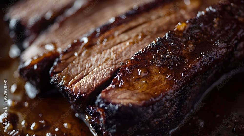 Mouthwatering Caramelized Beef Brisket Close-Up Mouthwatering Caramelized Beef Brisket Close-Up