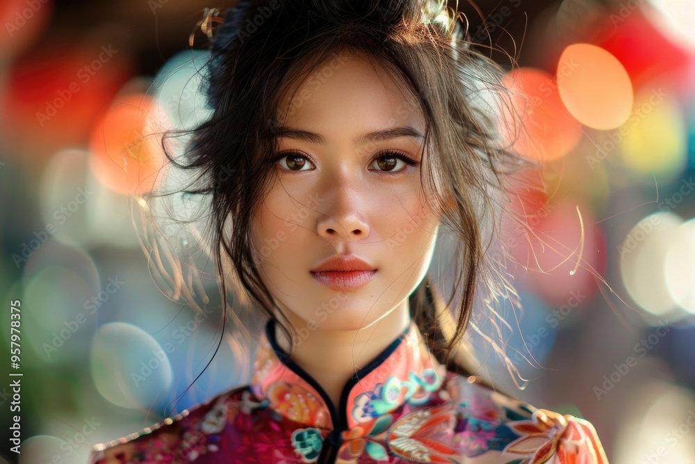 Portrait of a young vietnamese woman in traditional dress with vibrant bokeh background AI Portrait of a young vietnamese woman in traditional dress with vibrant bokeh background AI