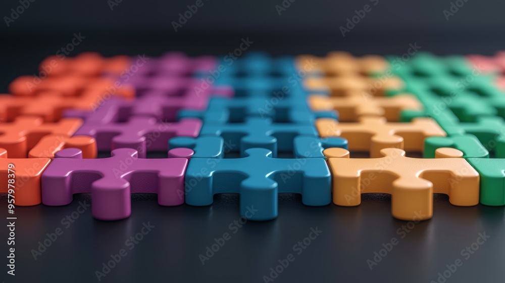 Fototapeta premium Business Collaboration: Puzzle Pieces Connecting Company Logos in with Copy Space and Selective Focus,