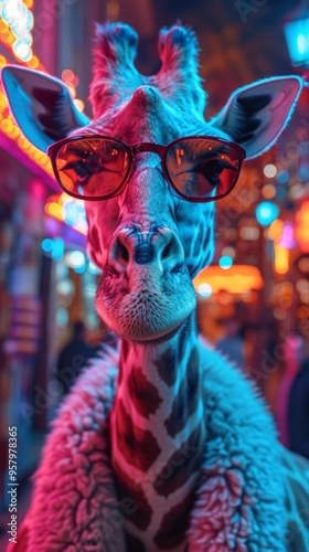 Anthropomorphic giraffe wearing glasses standing in front of a neon sign