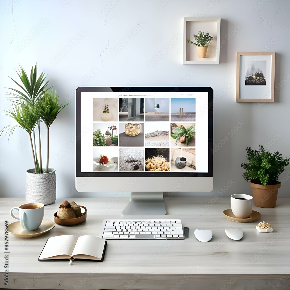 Obraz premium A modern workspace with a computer displaying a photo collage. a keyboard. notebook. potted plants and a cup of coffee.