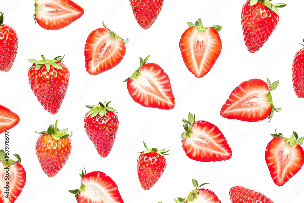 Strawberries with half slices pattern from flat view isolated on white or transparent background Strawberries with half slices pattern from flat view isolated on white or transparent background