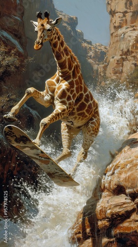 Painting of a giraffe in human-like form standing on a surfboard, ready to ride a wave