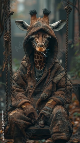 A ninoshik anthropomorphic hoodie giraffe is sitting on top of a wooden swing
