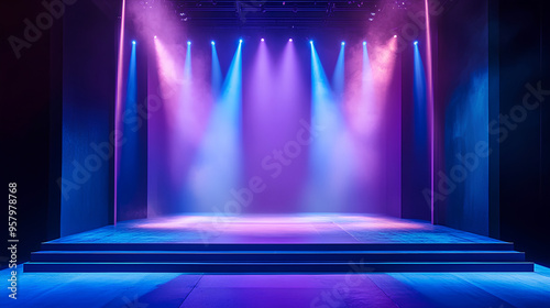 Modern dance stage with blue and purple light background with spotlight illuminated for modern dance production stage