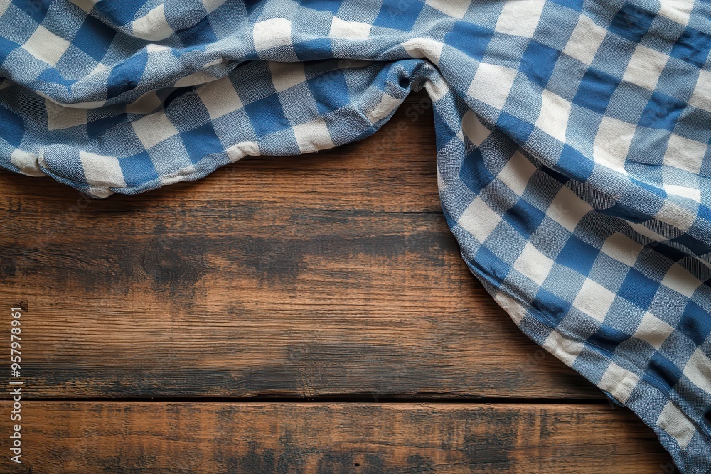 A rustic and cozy image showcasing a blue and white checkered cloth draped A rustic and cozy image showcasing a blue and white checkered cloth draped