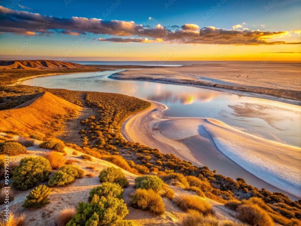 Naklejka premium Lake Eyre in the evening with the warm light of the setting sun casting a warm glow on the surrounding hills and dunes.