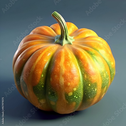 A vibrant. intricately patterned pumpkin with a mix of orange. yellow. and green hues. photo