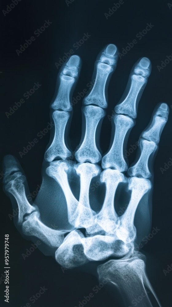 An x-ray image of a human hand showing the bones and joints. An x-ray image of a human hand showing the bones and joints.