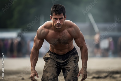 A man with a beard and a shirtless chest stands on a sandy field