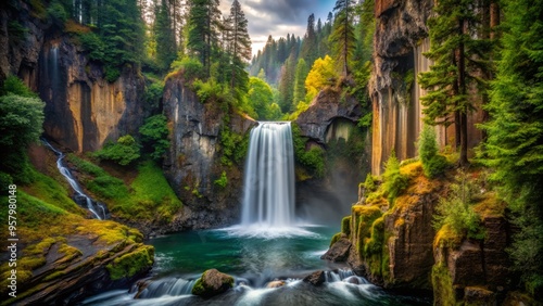 Toketee Falls after the rain, captured in razor-sharp clarity, emphasizing the intricate textures and details of the natural world. photo