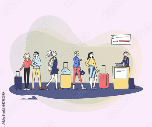 Line of tourists at airport check in counter. Queue of passengers waiting for registration to their flight. Vector illustration for tourism, trip, transportation concept