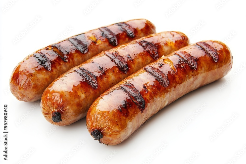 Four juicy grilled sausages with char marks arranged in a row on a white background Four juicy grilled sausages with char marks arranged in a row on a white background