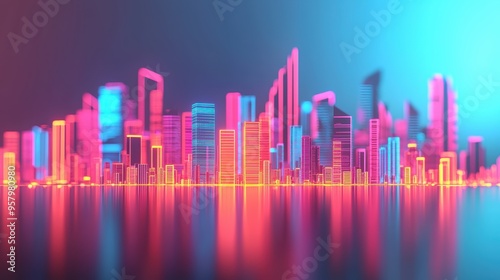 Futuristic Holographic Business Meeting in Neon City Skyline VR Interface, Financial Markets Concept.