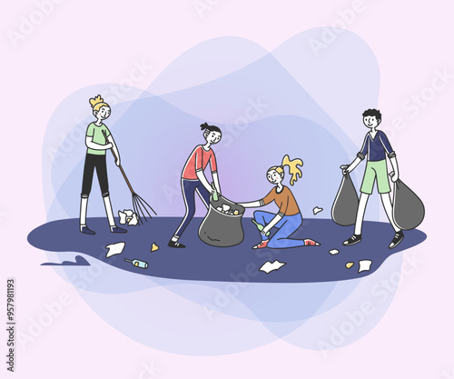 Young volunteers sorting litter outside. People with rakes and plastic bags collecting trash at sea or ocean shore. Vector illustration for voluntary, environment, pollution