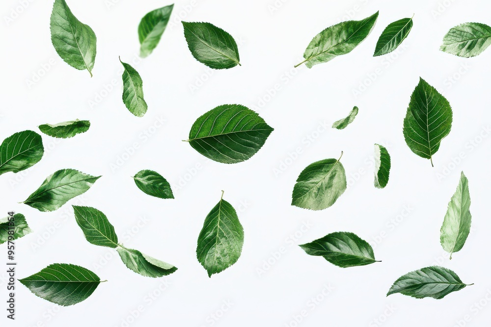 Green leaves scattered and floating in mid-air against a white background. Green leaves scattered and floating in mid-air against a white background.