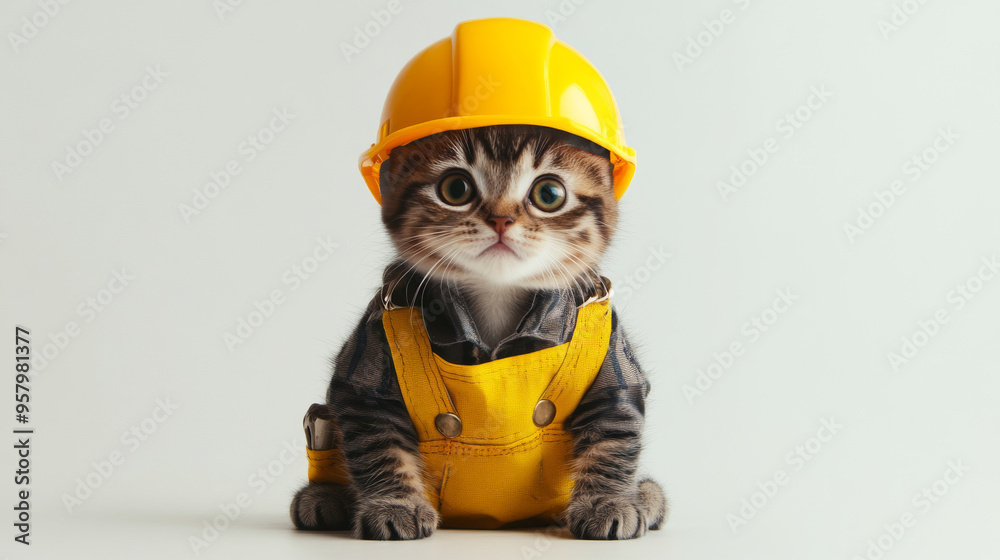Funny cat wearing a builder's suit. Craftsman on a white background Funny cat wearing a builder's suit. Craftsman on a white background
