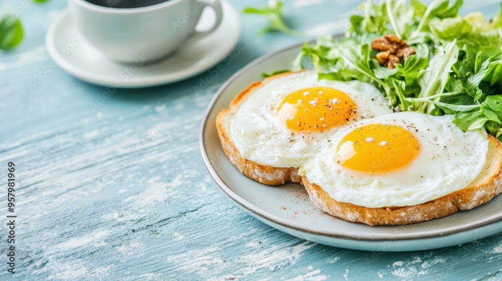 Breakfast plate with sunny-side-up eggs on toast, fresh spinach, and a cup of coffee. Healthy morning meal concept. Breakfast plate with sunny-side-up eggs on toast, fresh spinach, and a cup of coffee. Healthy morning meal concept.