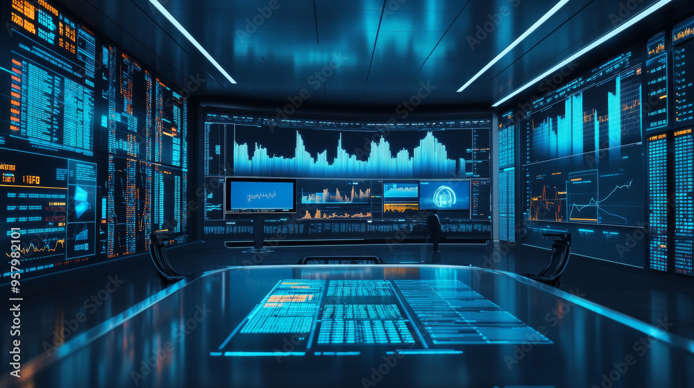 Fototapeta premium Futuristic stock exchange with general info displayed on screen
