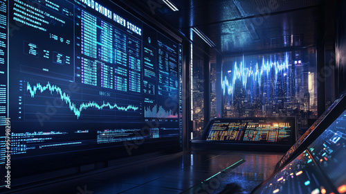 Futuristic stock exchange with general info displayed on screen