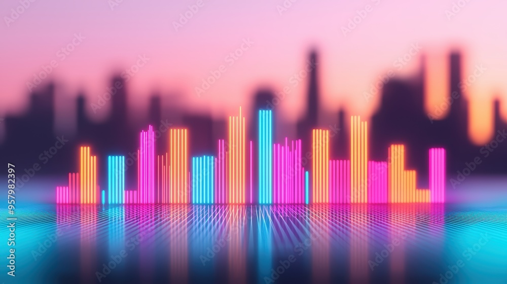Illuminated Virtual Reality Financial Strategy Concept with Futuristic Skyline in Neon Lights, Copy Space. Illuminated Virtual Reality Financial Strategy Concept with Futuristic Skyline in Neon Lights, Copy Space.
