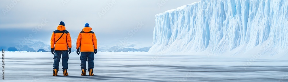 Two people in orange jackets stand before a large ice wall in a frozen landscape. Two people in orange jackets stand before a large ice wall in a frozen landscape.