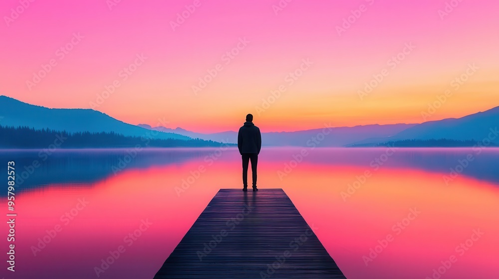 Person standing on a dock, looking out at a calm lake at sunrise, symbolizing a new beginning Person standing on a dock, looking out at a calm lake at sunrise, symbolizing a new beginning