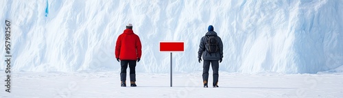 Polar explorers near a towering Antarctic ice wall, illustrating scale and majesty, flat design illustration