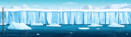 Massive iceberg in a frozen landscape, with smaller icebergs floating in the blue water.