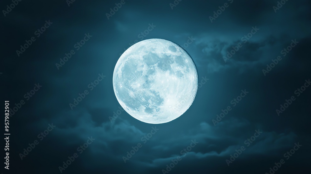 A serene full moon shining brightly amidst dark clouds, creating a mystical and tranquil night sky atmosphere.